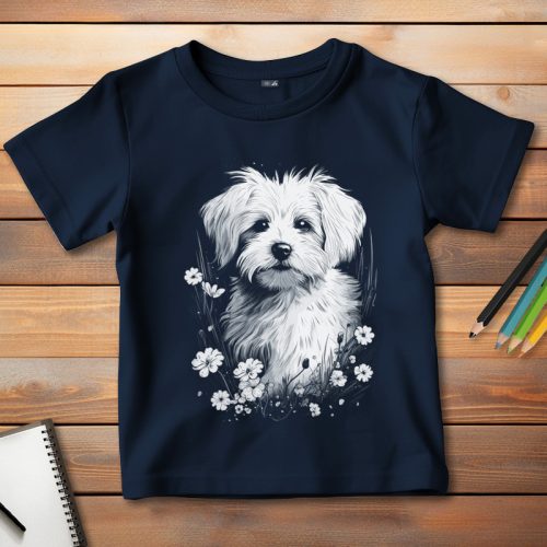 Máltai selyemkutyás póló gyerekeknek sötétkék színben