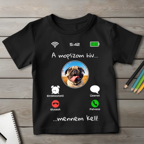 Mopszos póló gyerekeknek fekete színben