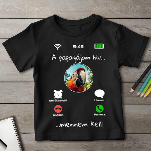 Papagájos póló gyerekeknek fekete színben