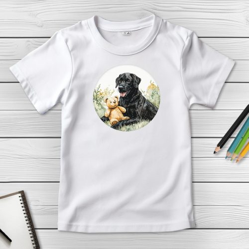 Fekete labradoros póló gyerekeknek fehér színben