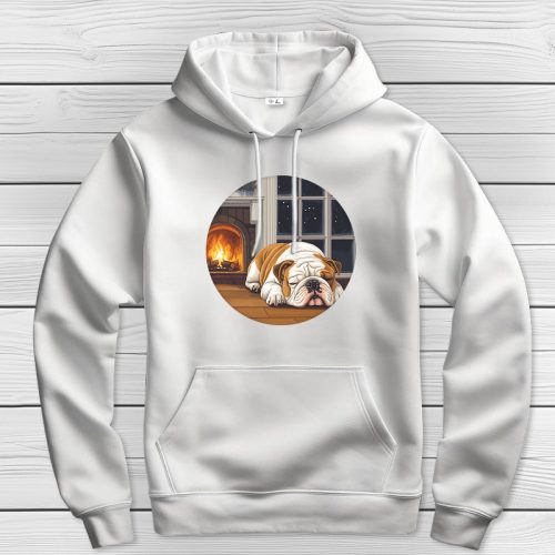 Angol bulldogos kapucnis pulcsi fehér színben