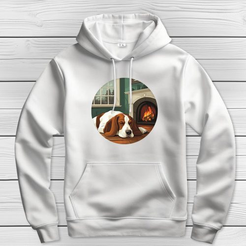 Basset houndos kapucnis pulcsi fehér színben