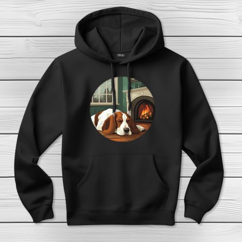 Basset houndos kapucnis pulcsi fekete színben