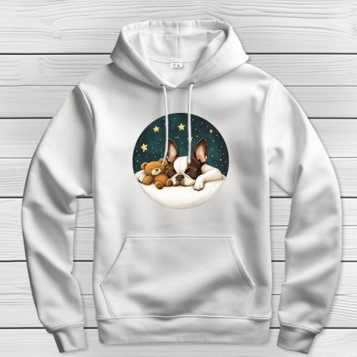 Boston terrieres kapucnis pulcsi fehér színben