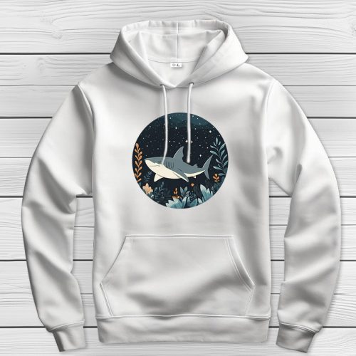 Cápás kapucnis pulcsi fehér színben