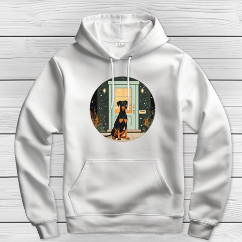 Dobermannos kapucnis pulcsi fehér színben