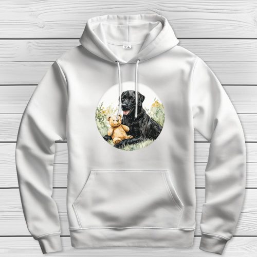 Fekete labradoros kapucnis pulcsi fehér színben