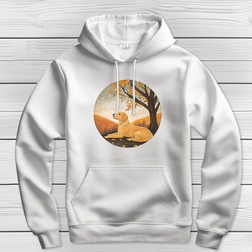 Sárga labradoros kapucnis pulcsi fehér színben