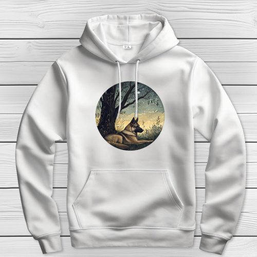 Németjuhászos kapucnis pulcsi fehér színben