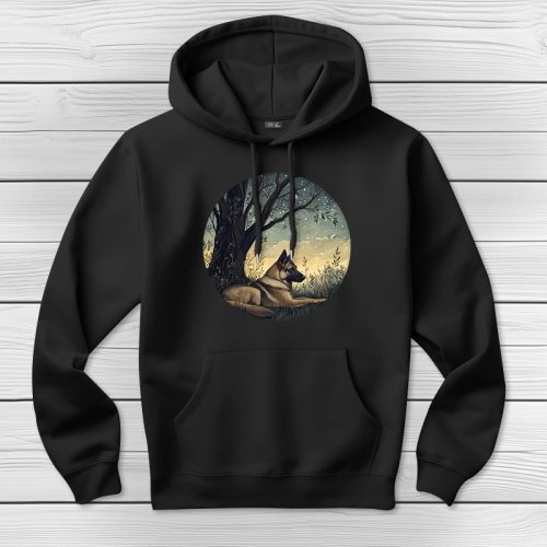 Németjuhászos kapucnis pulcsi fekete színben