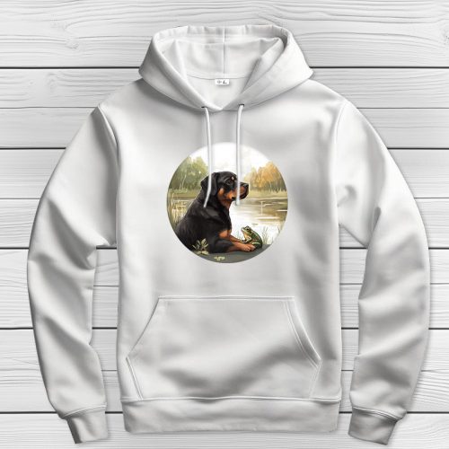 Rottweileres kapucnis pulcsi fehér színben