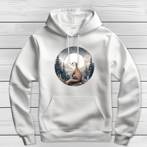 Vadászgörényes kapucnis pulcsi fehér színben