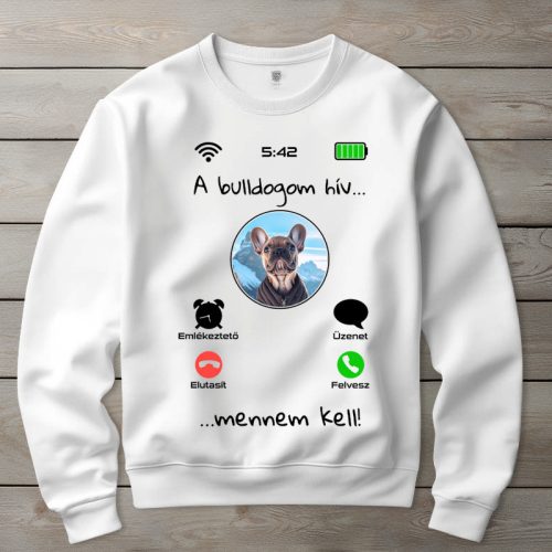 Francia bulldogos környakú pulóverk fehér színben