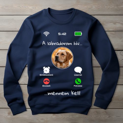 Sárga labradoros környakú pulóver sötétkék színben