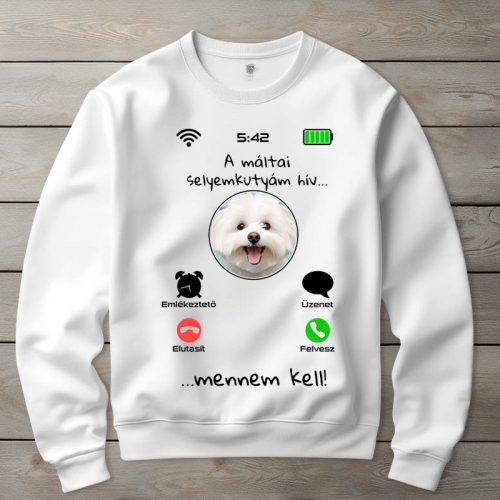 Máltai selyemkutyás környakú pulóverk fehér színben