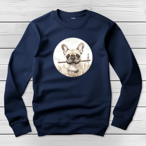 Francia bulldogos környakú pulóver sötétkék színben