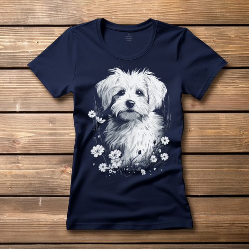 Máltai selyemkutyás póló nőknek sötétkék színben