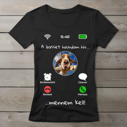 Basset houndos póló nőknek fekete színben