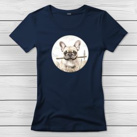Francia bulldogos póló nőknek sötétkék színben