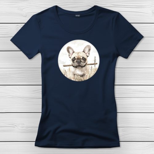 Francia bulldogos póló nőknek sötétkék színben