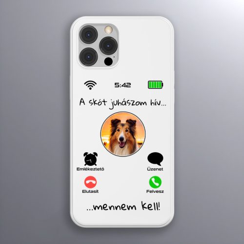 Skót juhászos telefontok fehér színben